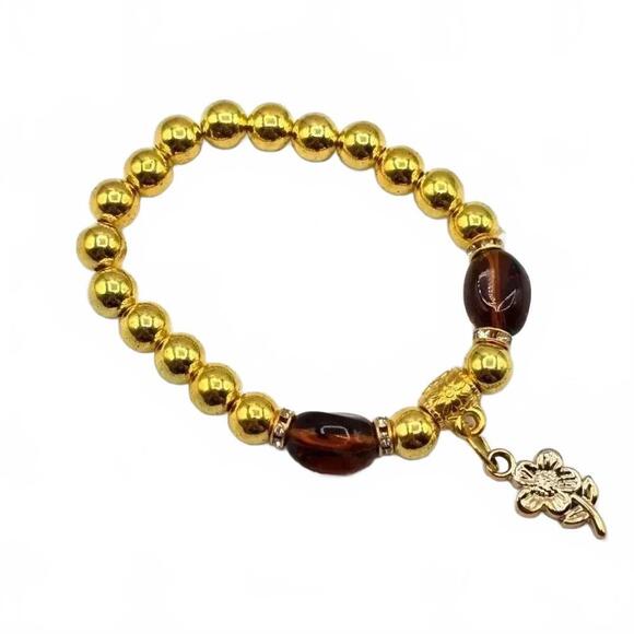 Gold Beaded Boho Elastic Adjustable Bracelet with Brown Beads and Flower Charm - Picture 2 of 8